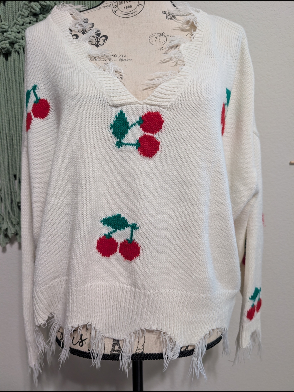 White Cherry V-Neck Distressed Sweater